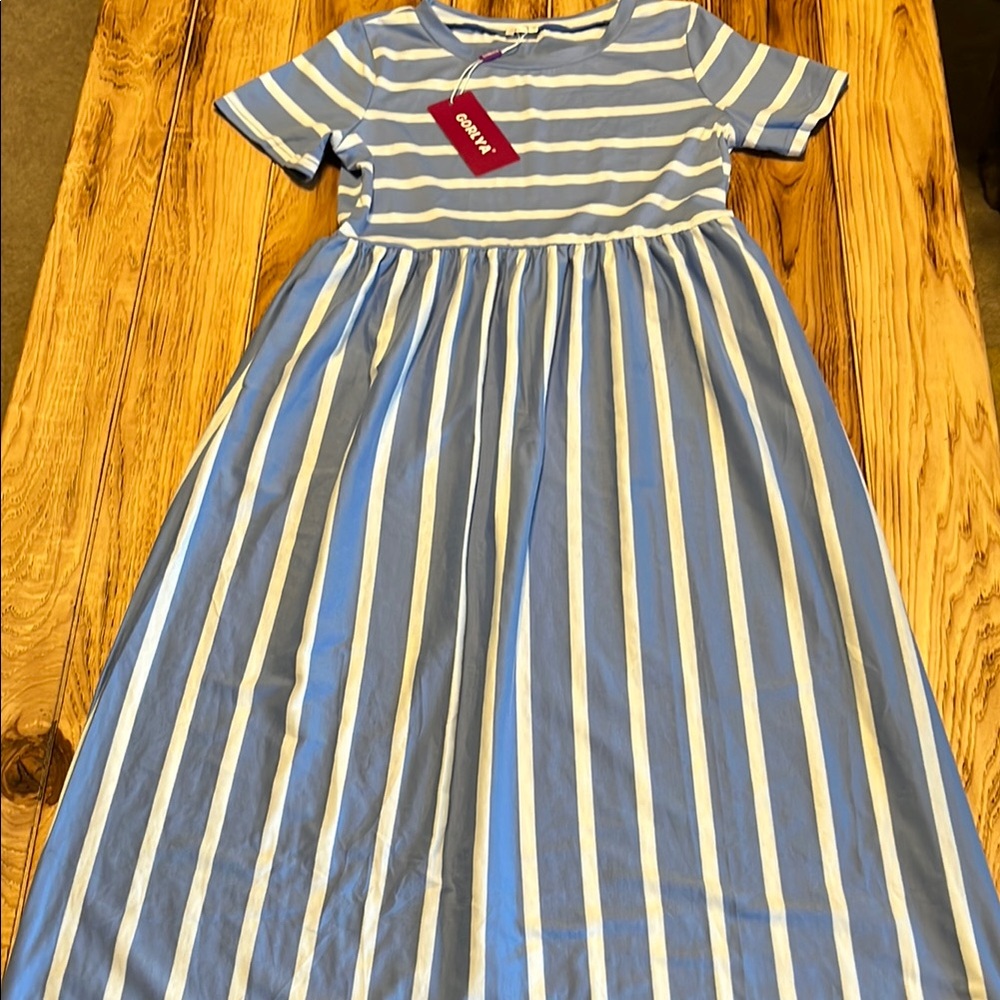 Gorlya Blue and White A-Line Long Dress with Peter Pan Collar NWT